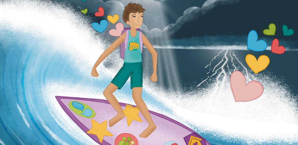 Tekening van een jongen op een surfboard die zelfverzekerd de woeste golven trotseert. | Actueelbericht - Nieuwe kennis-special: Veerkracht versterken in de praktijk