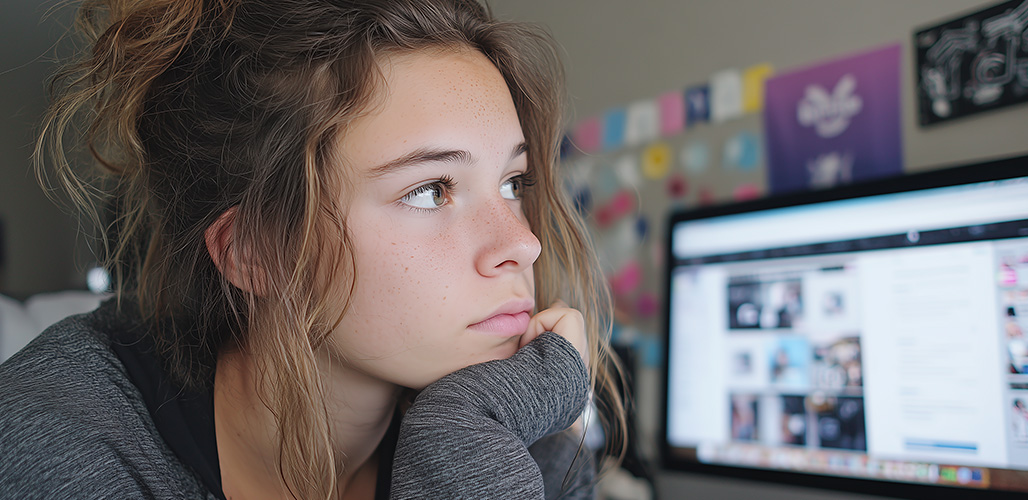 Meisje kijkt bedenkelijk na gesprek online | Actueelbericht:  Jongeren en AI-chatbots voor mentaal welzijn