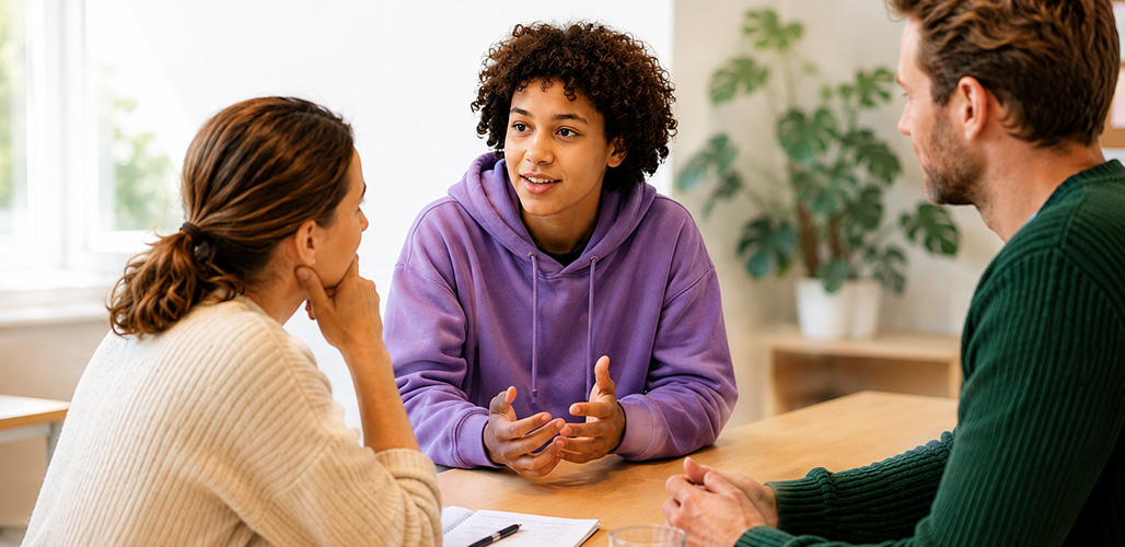 Jongen praat met 2 volwassen hulpverleners aan een tafel. Voelt zich gehoord en gesteund | Actueelbericht: Webinar betekenisvolle participatie