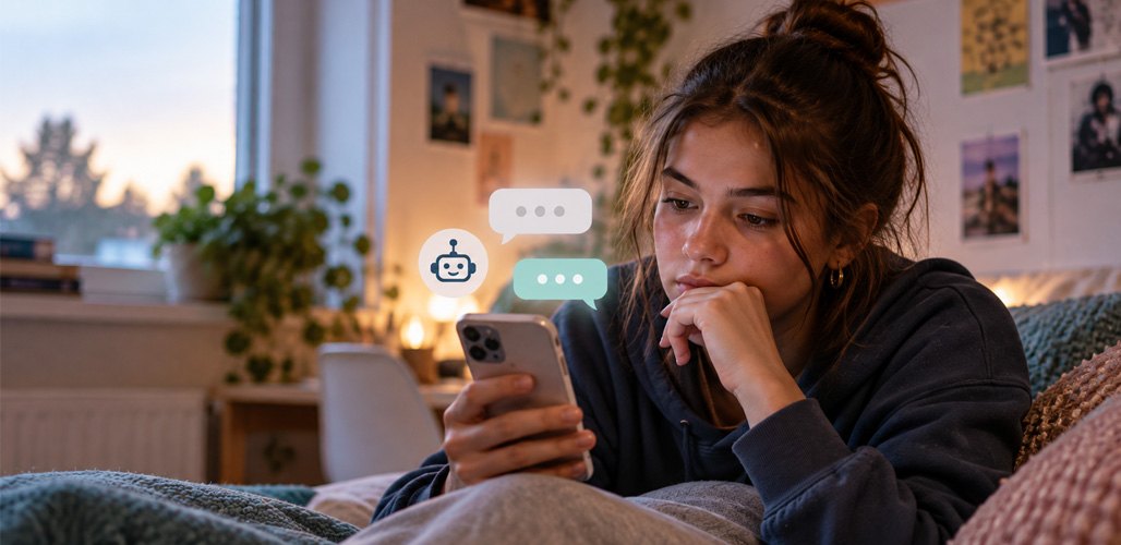 Tienermeisje op haar bed vraagt hulp aan chatbot op haar mobiele telefoon | Webinar - Chatbots en mentale gezondheid van jongeren