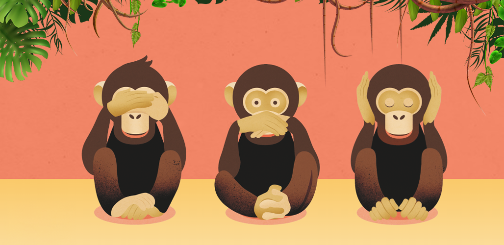 Getekend beeld van de drie wijze aapjes. Hoort bij actueelbericht over: Drie wijze aapjes als metafoor voor de afweer bij seksueel misbruik