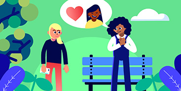 Wat is coping? Bekijk de animatie met uitleg hierover | 2 jongeren praten met elkaar over verliefd zijn.