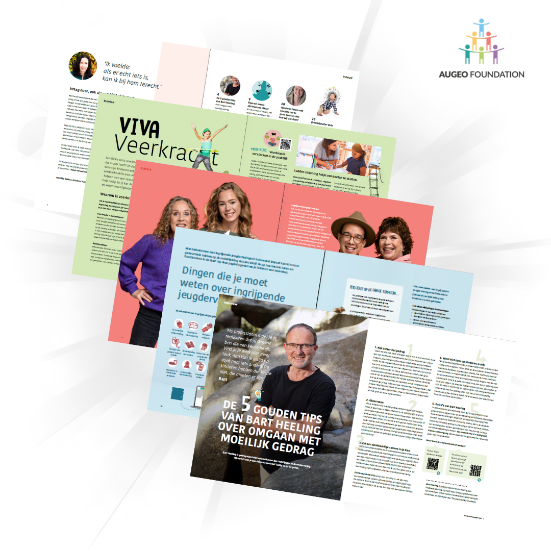 Een impressie van 4 pagina's uit het magazine 'Veerkrachtig opgroeien'. 